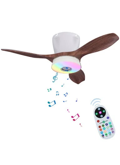 RGB Dimmable Ceiling Light 3 Speeds Adjustable Fan Lamp with Bluetooth-Compatible Speaker, Wood Grain Blade LEC016R - White