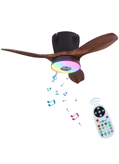RGB Dimmable Ceiling Light 3 Speeds Adjustable Fan Lamp with Bluetooth-Compatible Speaker, Wood Grain Blade LEC016R - Black