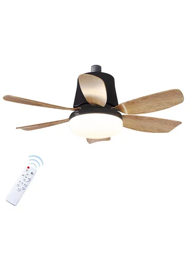 Remote Control 3 Speeds Adjustable E27 Ceiling Fan Light with Wood Grain Blades LEC020 - Black