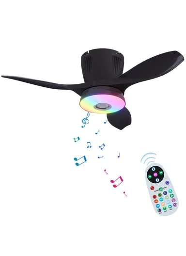 RGB Dimmable Ceiling Light 3 Speeds Adjustable Fan Lamp with Bluetooth-compatible Speaker, Solid Color Blades LEC016R - Black