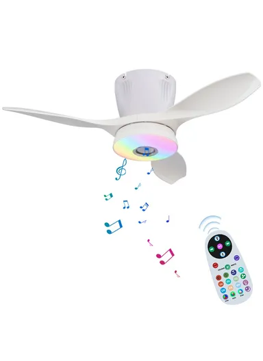 RGB Dimmable Ceiling Light 3 Speeds Adjustable Fan Lamp with Bluetooth-compatible Speaker, Solid Color Blades LEC016R - White