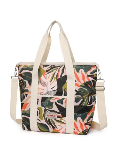 Oxford Fabric Cooler Bag Beach Print Handheld Outdoor Insulated Lunch Bag 23021 - Green Leaves