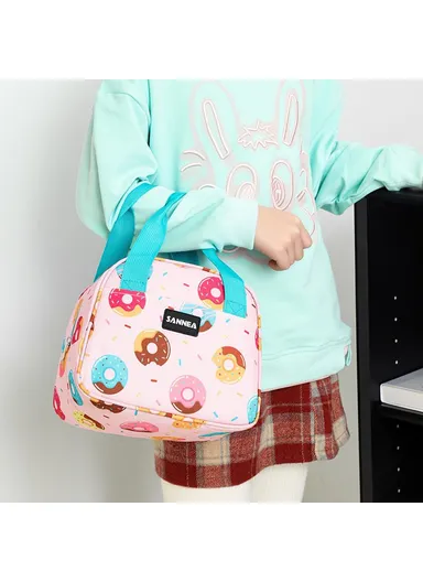 6L Insulated Lunch Bag for Kids Cartoon Design Portable Cooler Tote Oxford Fabric Pouch - Pink Doughnut