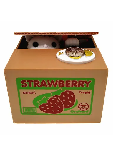Strawberry Cartoon Money Eating Cat Piggy Bank Electronic Coin Savings Box Interactive Voice Children Toy - White Cat