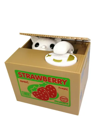 Strawberry Cartoon Money Eating Cat Piggy Bank Electronic Coin Savings Box Interactive Voice Children Toy - White Cat
