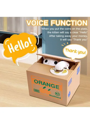 Orange Cartoon Money Eating Cat Piggy Bank Electronic Coin Savings Box Interactive Voice Children Toy - White Cat