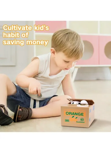 Orange Cartoon Money Eating Cat Piggy Bank Electronic Coin Savings Box Interactive Voice Children Toy - White Cat