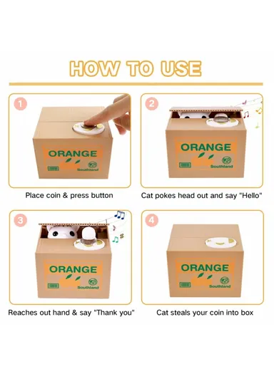 Orange Cartoon Money Eating Cat Piggy Bank Electronic Coin Savings Box Interactive Voice Children Toy - White Cat
