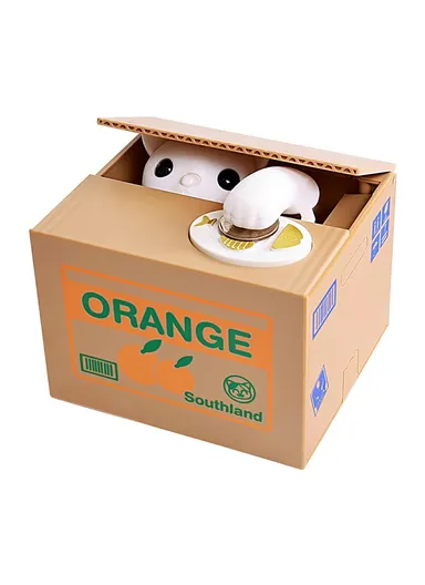 Orange Cartoon Money Eating Cat Piggy Bank Electronic Coin Savings Box Interactive Voice Children Toy - White Cat