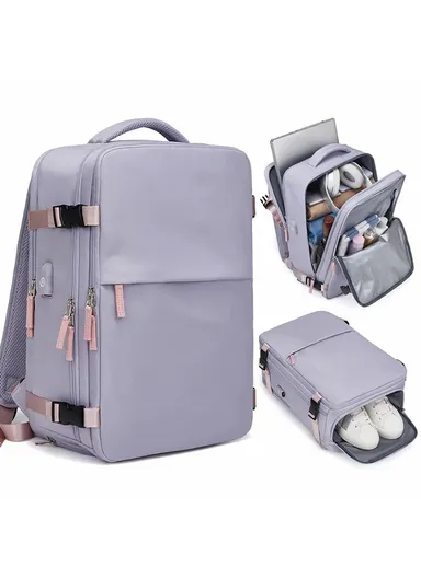 30L Multi-function Laptop Backpack Nylon Travel Shoulder Bag with USB Port - Light Purple