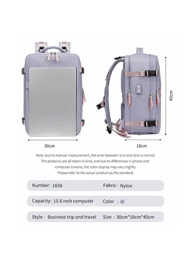 30L Multi-function Laptop Backpack Nylon Travel Shoulder Bag with USB Port - Light Purple