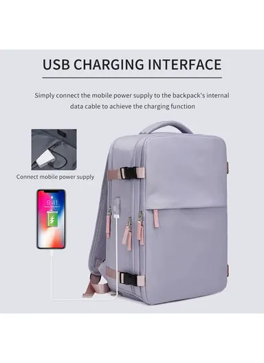 30L Multi-function Laptop Backpack Nylon Travel Shoulder Bag with USB Port - Light Purple
