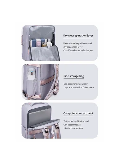 30L Multi-function Laptop Backpack Nylon Travel Shoulder Bag with USB Port - Light Purple