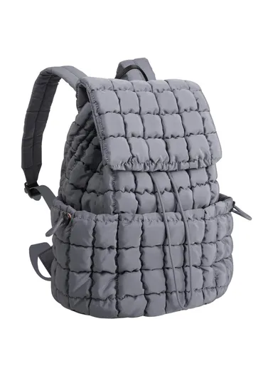 Women Down Plaid Backpack Crinkle Design Large Capacity Lightweight Travel Bag - Grey