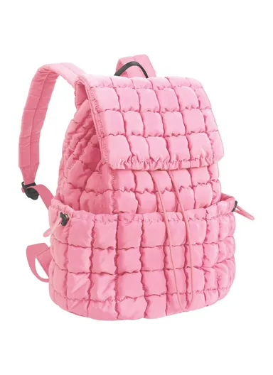 Women Down Plaid Backpack Crinkle Design Large Capacity Lightweight Travel Bag - Pink