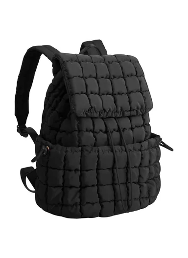 Women Down Plaid Backpack Crinkle Design Large Capacity Lightweight Travel Bag - Black