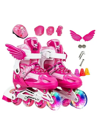 1 Pair Children Full Flash 8 Wheels Roller Skates, Skating Shoes with Helmet &amp; Protective Gear - M / Pink