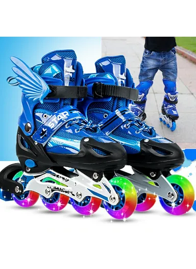 1 Pair Children Full Flash 8 Wheels Roller Skates, Skating Shoes with Helmet &amp; Protective Gear - M / Blue