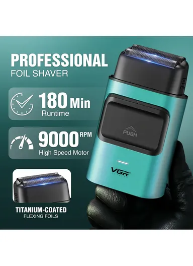 Professional Rechargeable Foil Shaver Titanium Coated Flexing Foils with 180 min Runtime V-307 - Blue