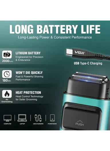 Professional Rechargeable Foil Shaver Titanium Coated Flexing Foils with 180 min Runtime V-307 - Blue