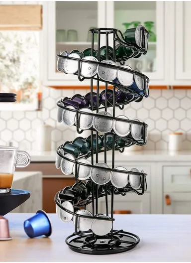 35-Capsule Spiral Coffee Pod Holder, Compatible With Nespresso, 360° Rotating Metal Rack Organizer (D14.5 x H39)cm – Black