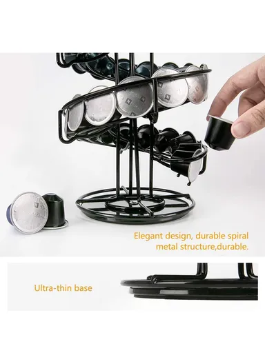 35-Capsule Spiral Coffee Pod Holder, Compatible With Nespresso, 360° Rotating Metal Rack Organizer (D14.5 x H39)cm – Black