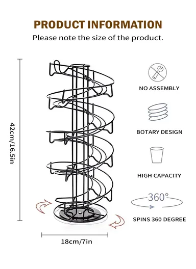 35-Capsule Spiral Coffee Pod Holder, Compatible With Nespresso, 360° Rotating Metal Rack Organizer (D14.5 x H39)cm – Black