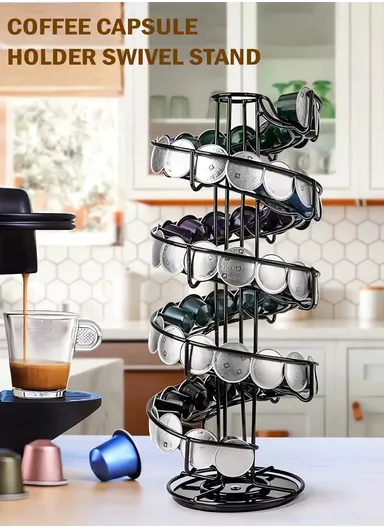 35-Capsule Spiral Coffee Pod Holder, Compatible With Nespresso, 360° Rotating Metal Rack Organizer (D14.5 x H39)cm – Black