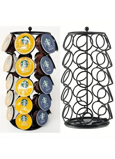 35-Capsule Rotating Coffee Pod Holder Compatible With Dolce Gusto, Metal Countertop Organizer Rack (W17 x H30)cm - Black