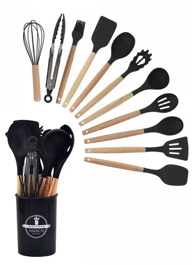 12 Pcs BPA Free Silicone Kitchen Set with Container - Black / M