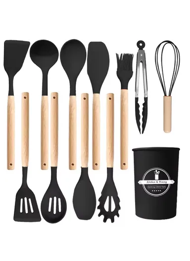 12 Pcs BPA Free Silicone Kitchen Set with Container - Black / M