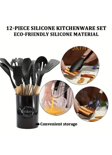 12 Pcs BPA Free Silicone Kitchen Set with Container - Black / M