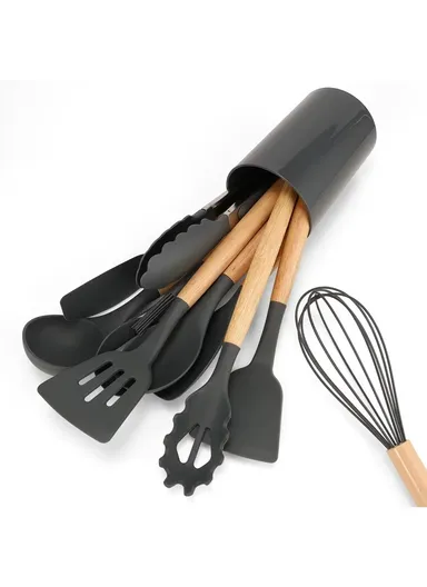 12 Pcs BPA Free Silicone Kitchen Set with Container - Black / M