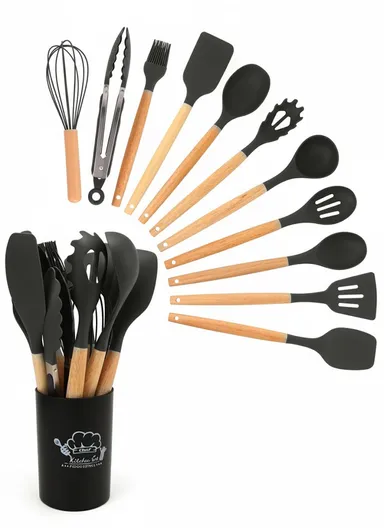 12 Pcs BPA Free Silicone Kitchen Set with Container - Black / XL