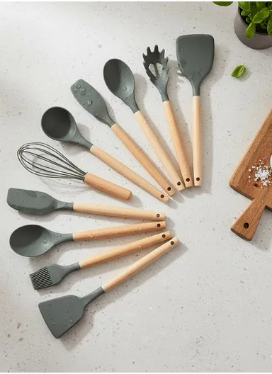 12 Pcs BPA Free Silicone Kitchen Set with Container - Black / XL