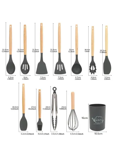 12 Pcs BPA Free Silicone Kitchen Set with Container - Black / XL