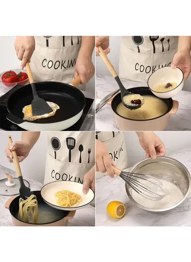 12 Pcs BPA Free Silicone Kitchen Set with Container - Black / XL