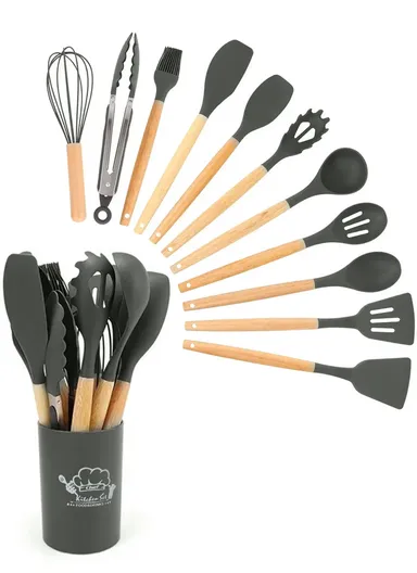 12 Pcs BPA Free Silicone Kitchen Set with Container - Grey / XL