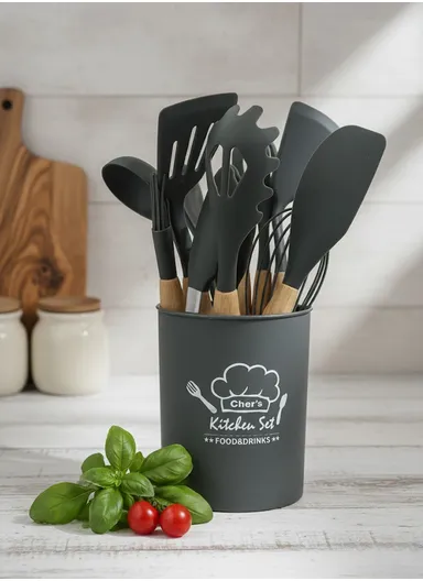 12 Pcs BPA Free Silicone Kitchen Set with Container - Grey / XL