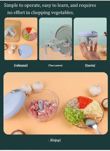 900ml Manual Hand Pull Food Chopper, Compact Vegetable Cutter with Stainless Steel Blades - Green