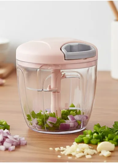 900ml Manual Hand Pull Food Chopper, Compact Vegetable Cutter with Stainless Steel Blades - Pink