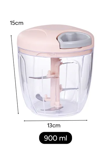 900ml Manual Hand Pull Food Chopper, Compact Vegetable Cutter with Stainless Steel Blades - Pink