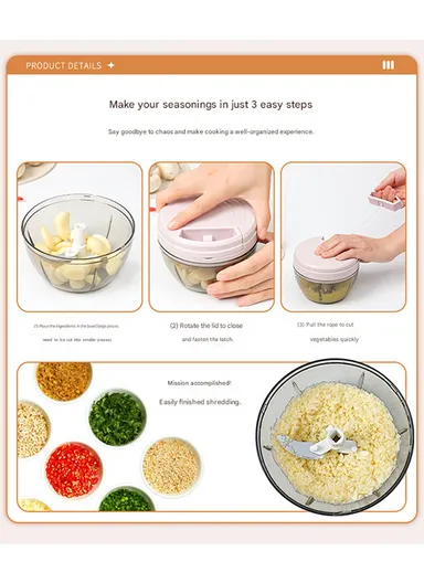 1000ml Manual Hand Pull Food Chopper, Compact Vegetable Cutter with Stainless Steel Blades - Green