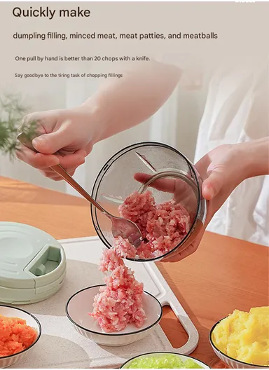 1000ml Manual Hand Pull Food Chopper, Compact Vegetable Cutter with Stainless Steel Blades - Pink