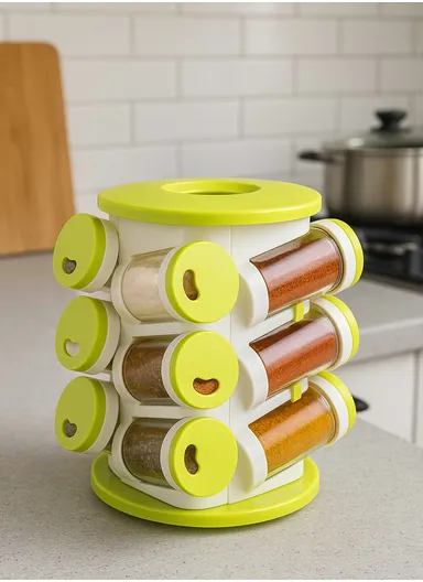 12 Plastic Seasoning Jars Set with 360° Rotating Base &amp; Cutlery Holde JN-601 (D15.5 x H21)cm