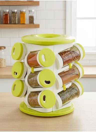 12 Plastic Seasoning Jars Set with 360° Rotating Base &amp; Cutlery Holde JN-601 (D15.5 x H21)cm