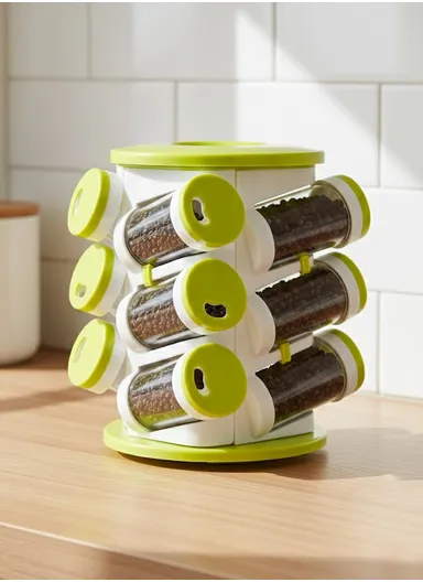 12 Plastic Seasoning Jars Set with 360° Rotating Base &amp; Cutlery Holde JN-601 (D15.5 x H21)cm
