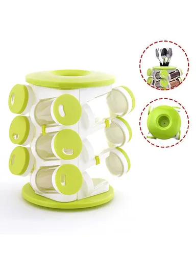 12 Plastic Seasoning Jars Set with 360° Rotating Base &amp; Cutlery Holde JN-601 (D15.5 x H21)cm