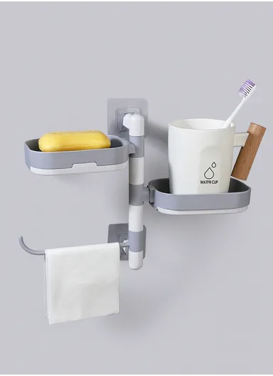 Double-Layers Wall-Mounted Bathroom Shelf with Strong Adhesive Stickers - Grey