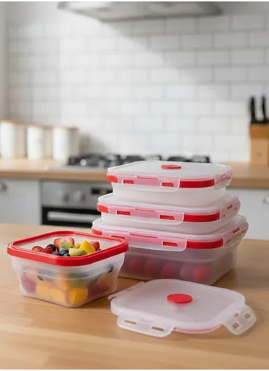 4-Pieces Foldable Silicone Lunch Box Set - Red